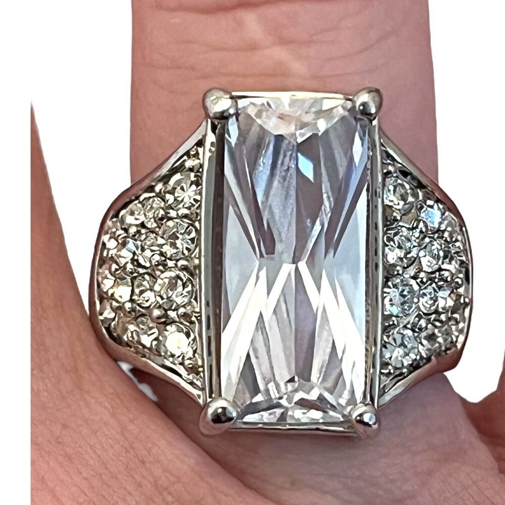 Silver Tone Emerald Cut CZ Ring Size 9 Pave Statement Cocktail - 2T